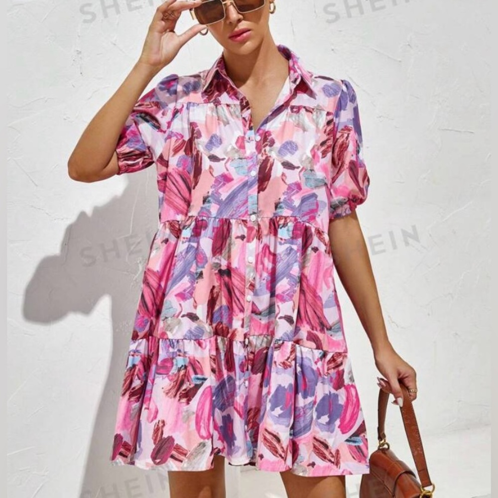 SHEIN Allover Print Puff Sleeve Ruffle Hem Smock Dress